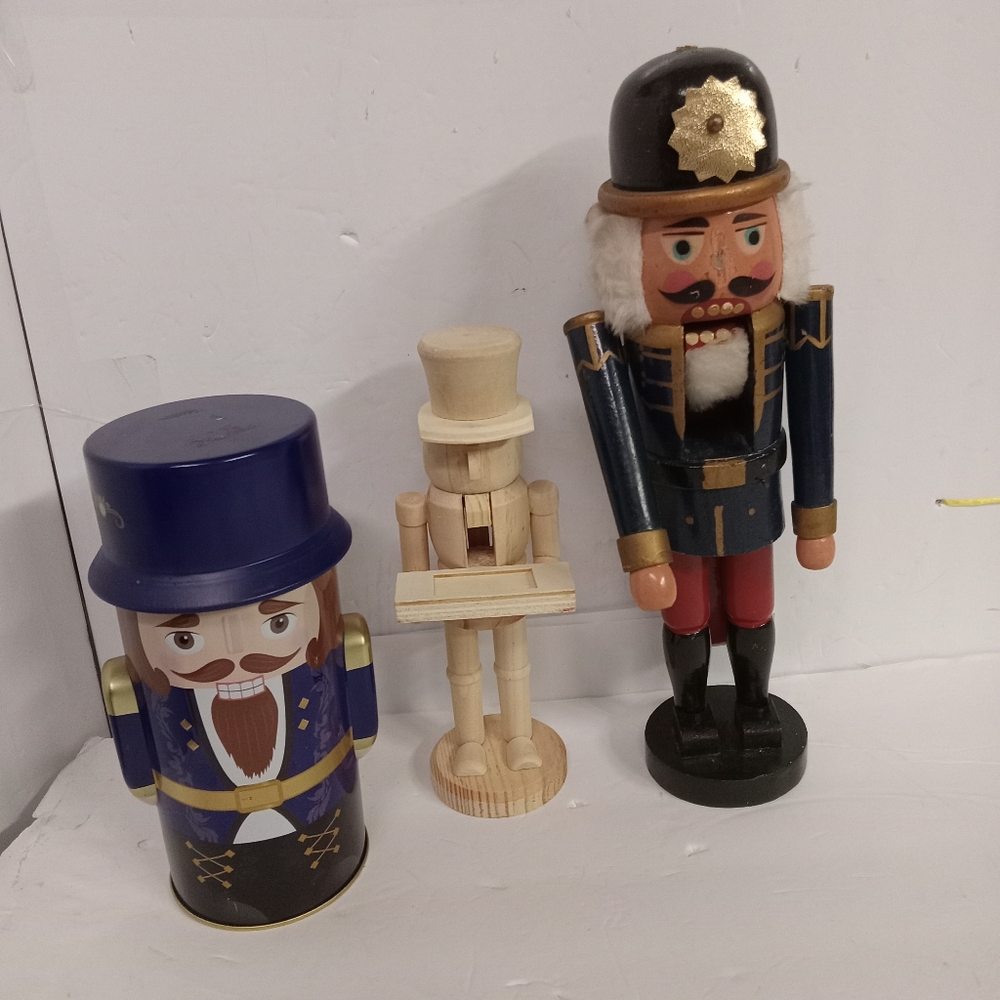 Nut Crackers Lot 2 Wooden & a Tin Canister Vintage & Modern